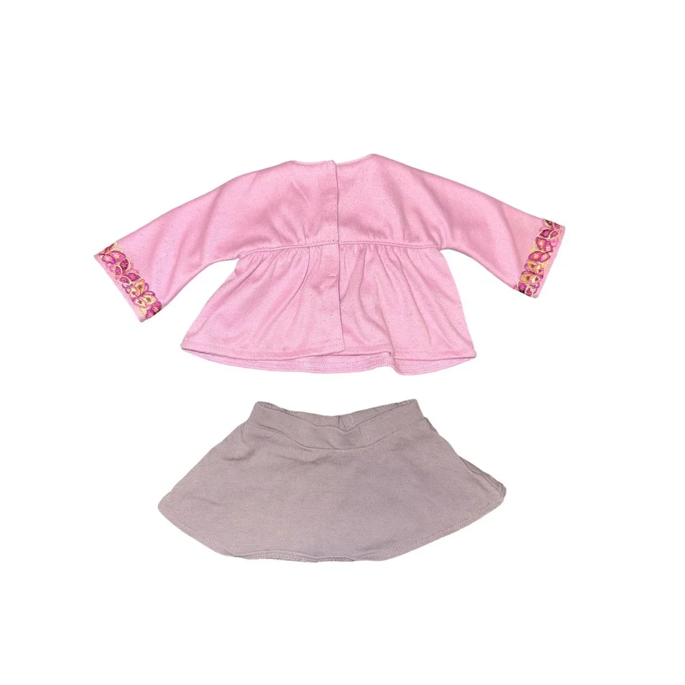 American Girl Doll Outfit 18 Inch Pink Grey Good Embroidered Top Skirt Set